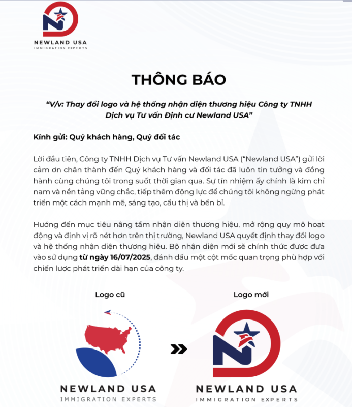 THÔNG BÁO LOGO MỚI NEWLAND USA