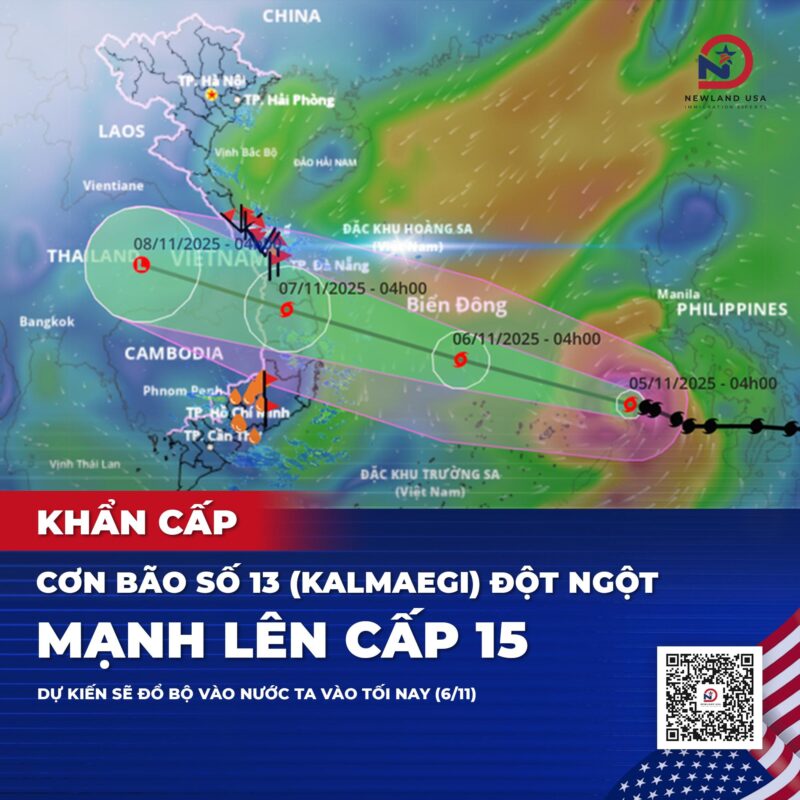 Khẩn cấp: Cơn bão số 13 (Kalmaegi) đột ngột mạnh lên cấp 15, dự kiến sẽ đổ bộ vào nước ta vào tối nay (6/11)