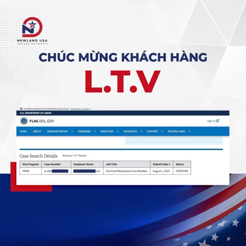Newland USA chúc mừng khách hàng EB-3 nhận LC tháng 7/2026